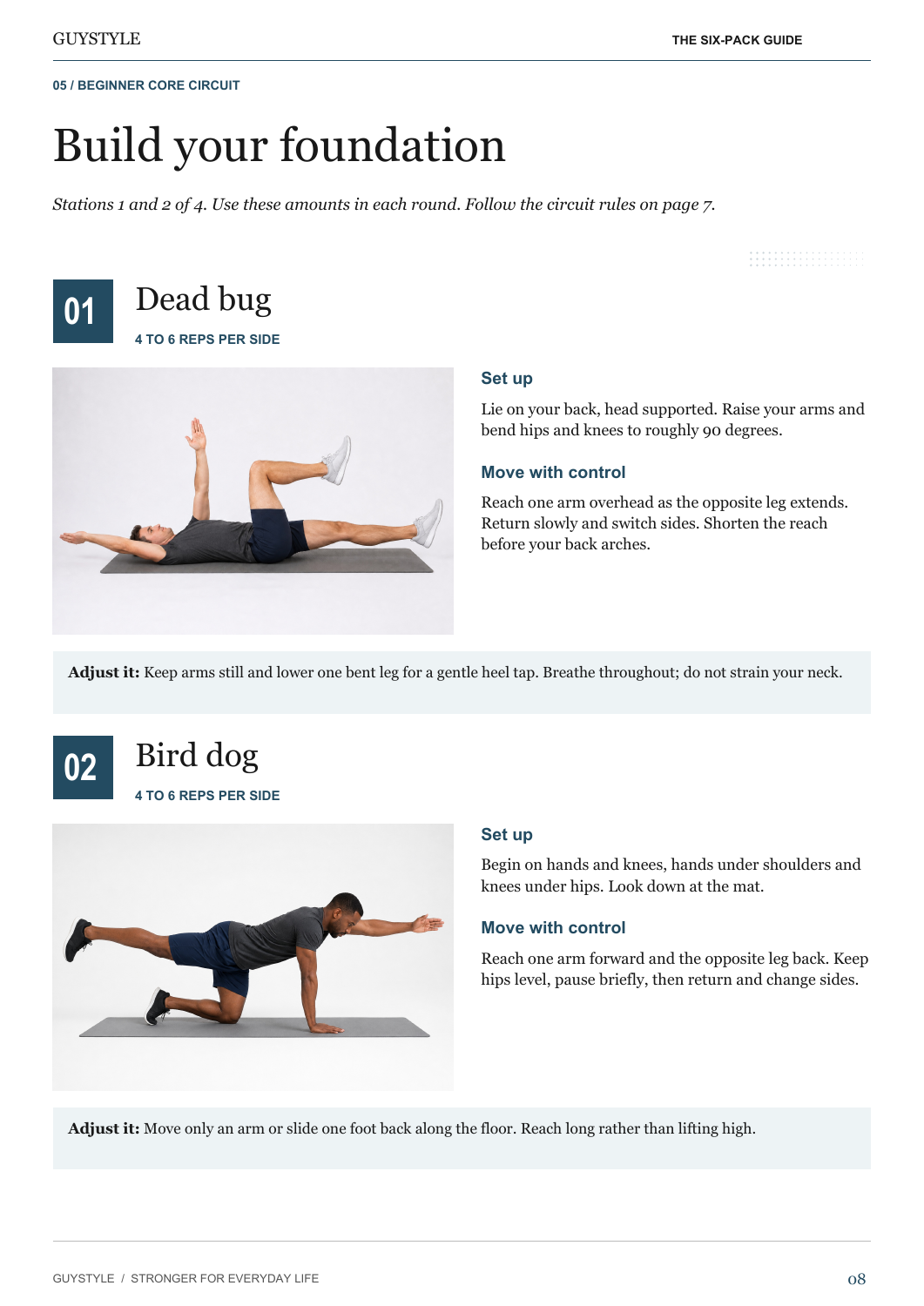 Sample page: beginner dead bug and bird dog exercises with photographs and instructions